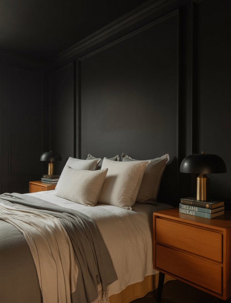 Bedroom with midnight black walls, soft velvet throws, neutral layered bedding, and warm wood nightstands, creating an intimate and cocoon-like feel.
