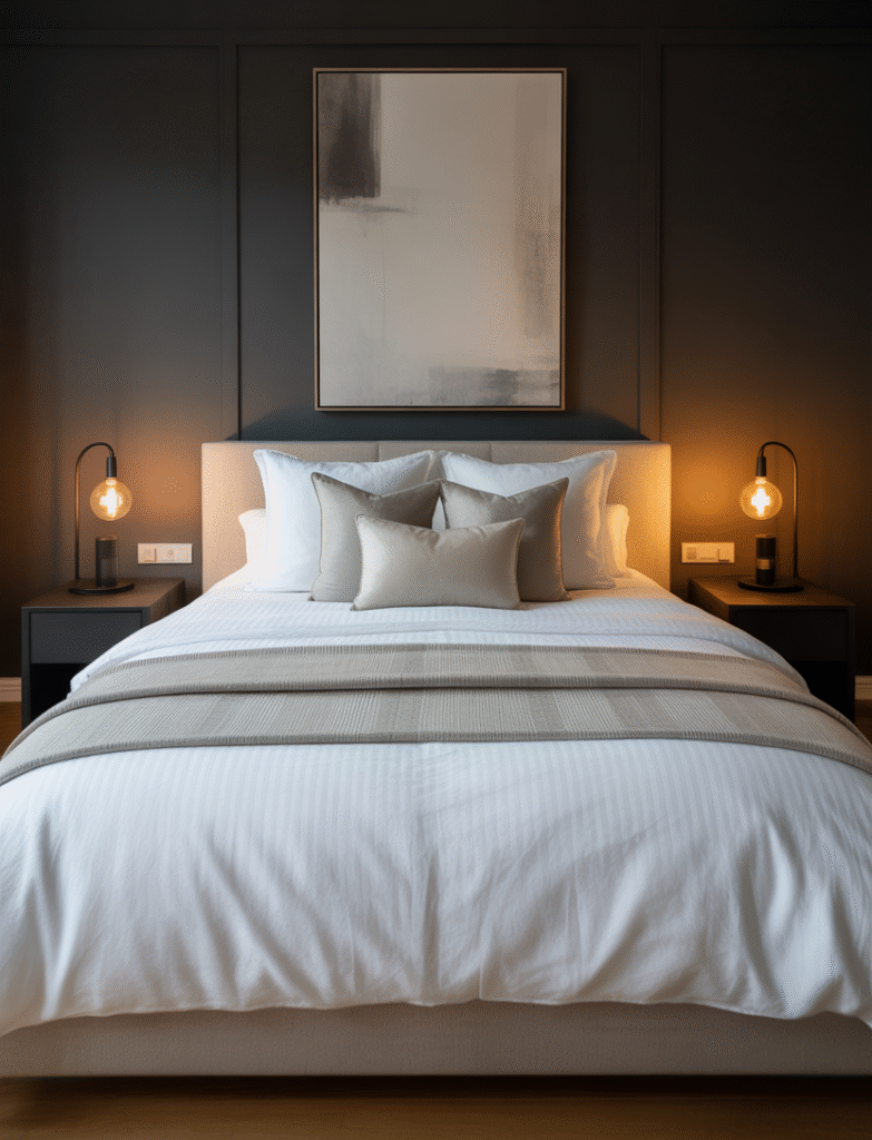 As a part of moody bedroom paint colors this picture features a bedroom with deep charcoal gray walls, paired with crisp white bedding, matte black fixtures, and soft woven throws for a cozy yet contemporary look.
