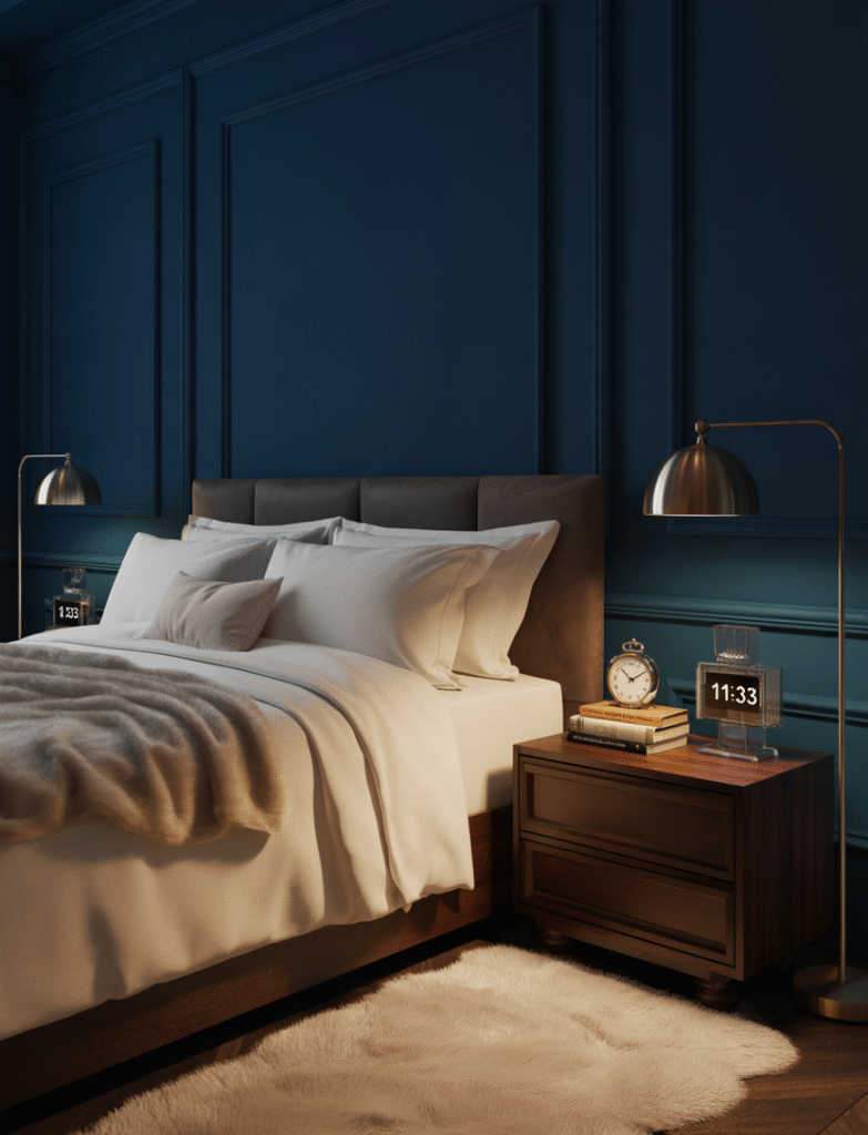 Bedroom with deep navy blue walls, brass lamps, rich walnut furniture, and soft ivory accents, creating a serene yet dramatic nighttime oasis.