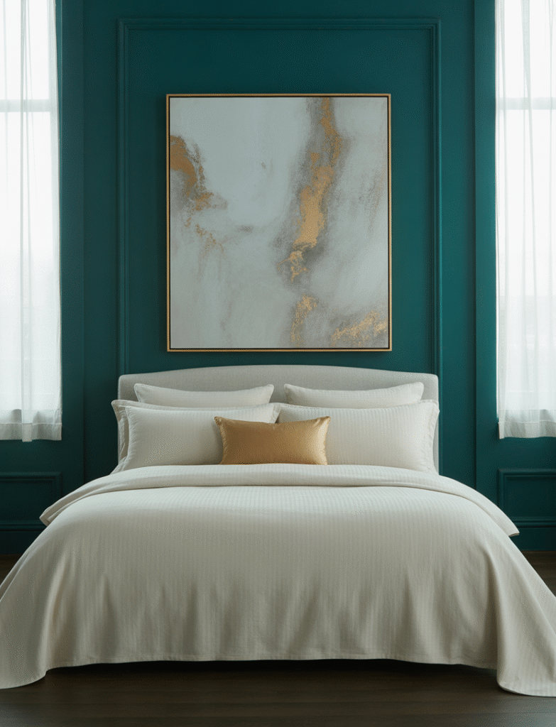 Bedroom with rich teal walls, gold accents, sleek white bedding, and statement art, making the walls the star of the room with a vibrant, sophisticated vibe.