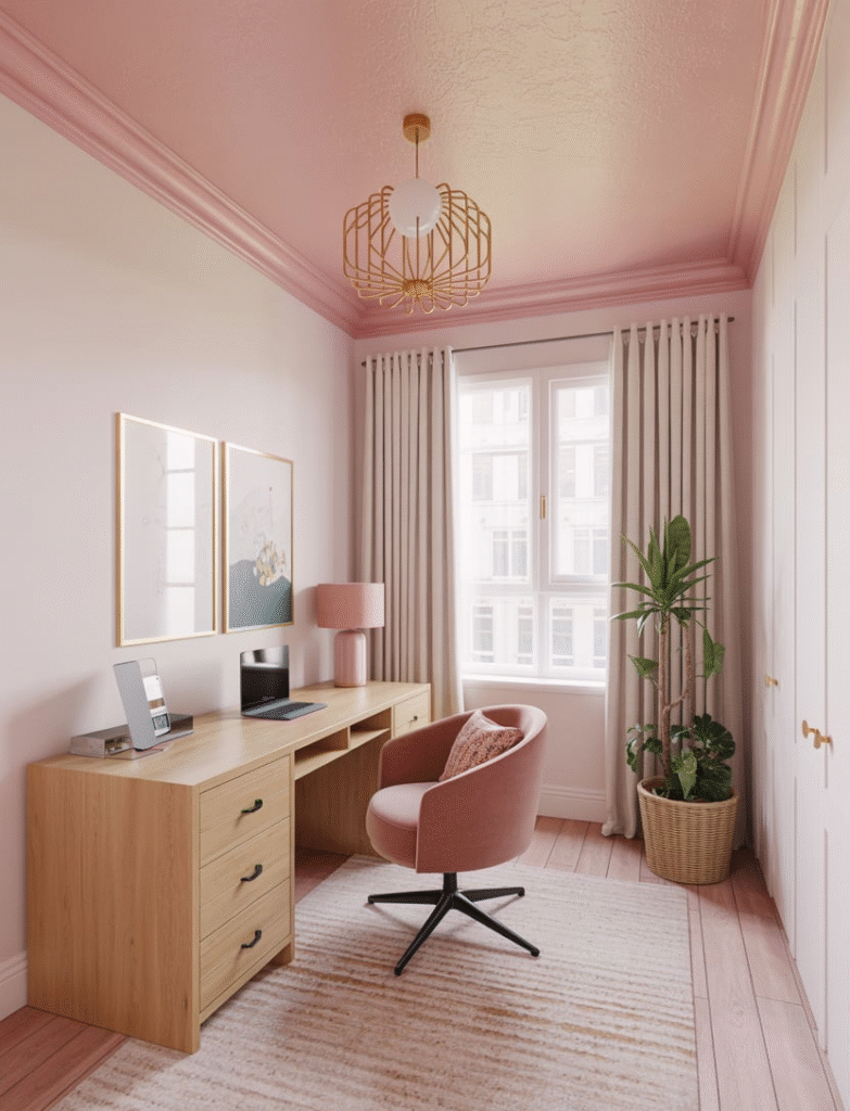 Bright office with a light pink painted ceiling, white walls, and natural wood furniture, creating an unexpected pop of color.