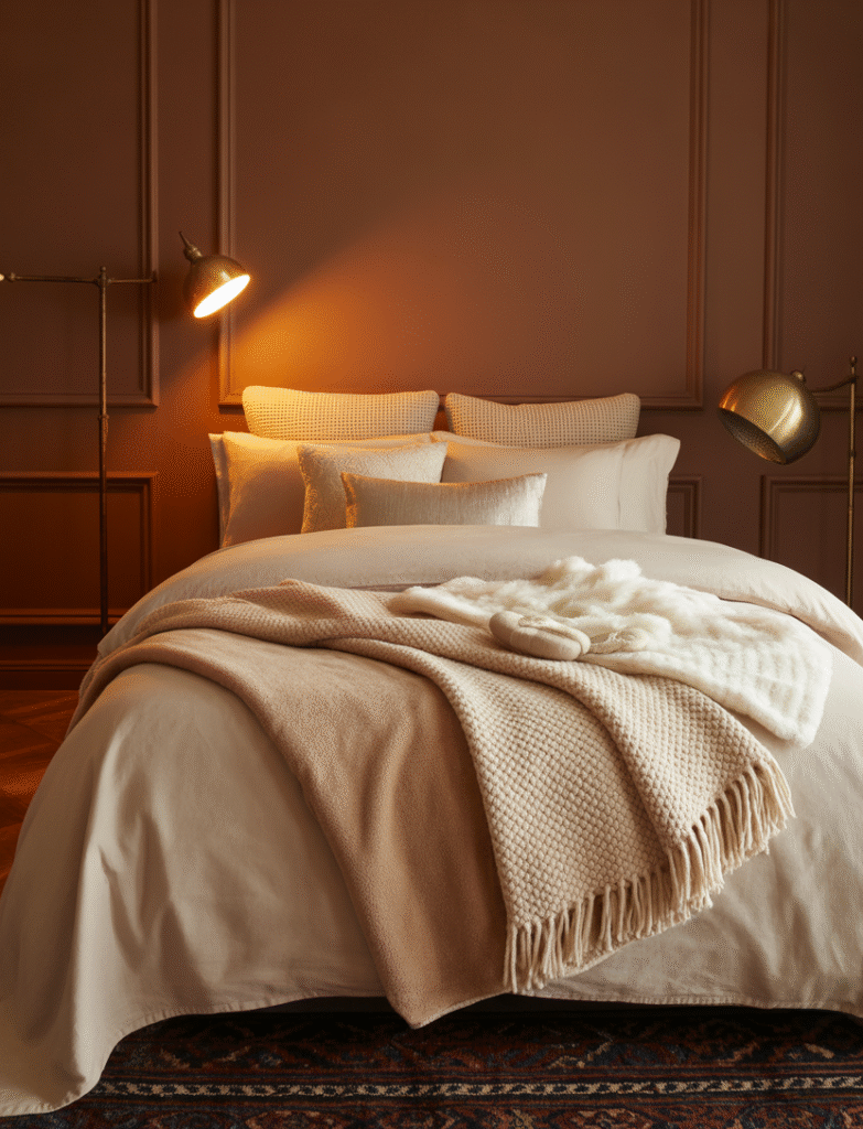 Bedroom with luxurious chocolate brown walls, creamy neutrals, metallic accents, and layered throw blankets, creating warmth and timeless elegance.