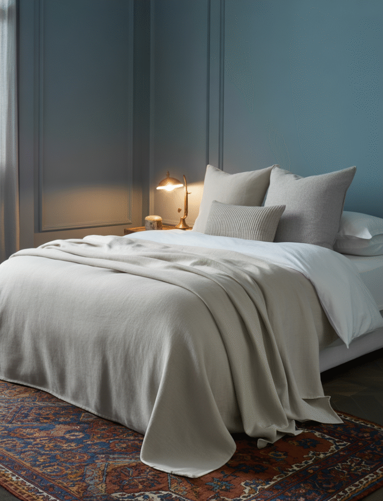 Bedroom with stormy blue walls, white and pale gray bedding adding depth and sophistication without being too dark.