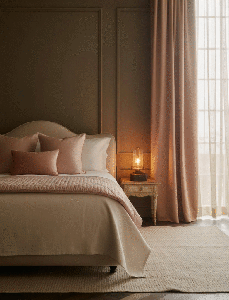 Bedroom with earthy dark taupe walls, soft blush accents, creamy bedding, and textured rugs, creating a layered and warm, sophisticated atmosphere.