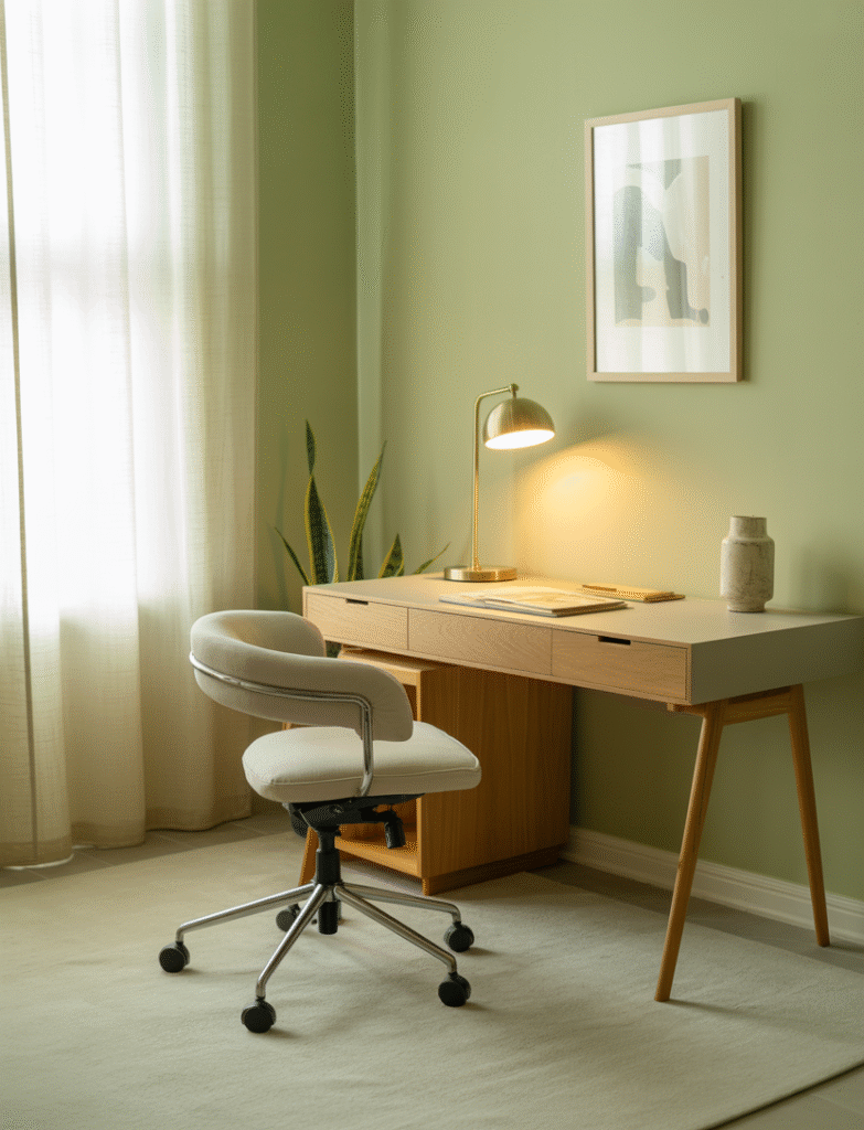 As part of green home office ideas this picture shows modern home office with sage green walls, light wood furniture, brass lamp, and minimal decor, creating a calm and cozy atmosphere.