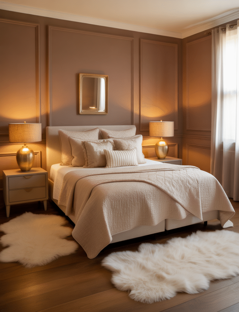 Bedroom with rich cocoa brown walls, ivory bedding, soft gold lamps, and fluffy area rugs, creating a cozy and sophisticated retreat.