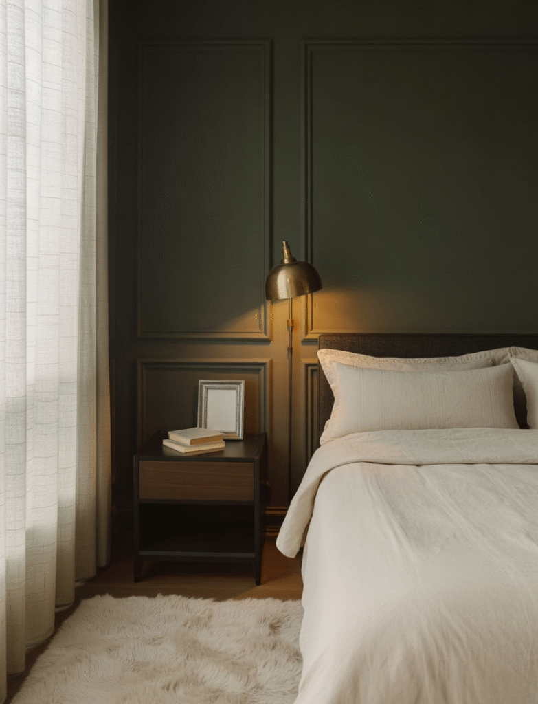 Bedroom with deep green-gray walls, creamy linens, and matte black hardware, creating an earthy and fresh vibe.