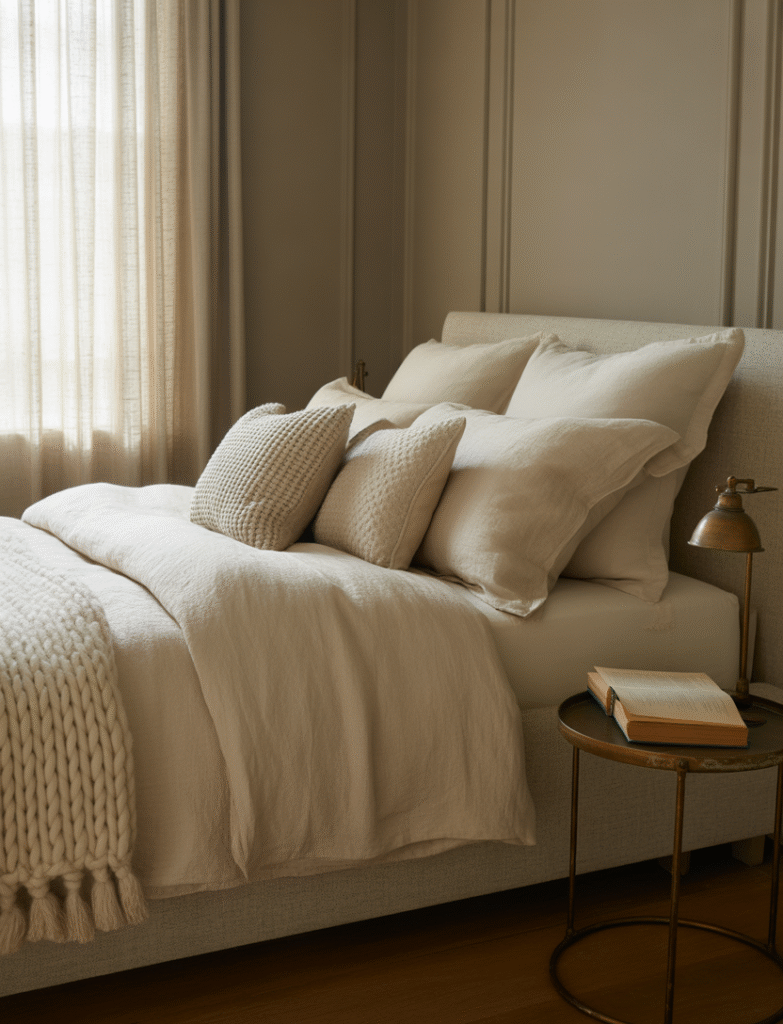 Bedroom with warm pewter gray walls, soft cream bedding, and brass accents, creating a timeless and inviting space.