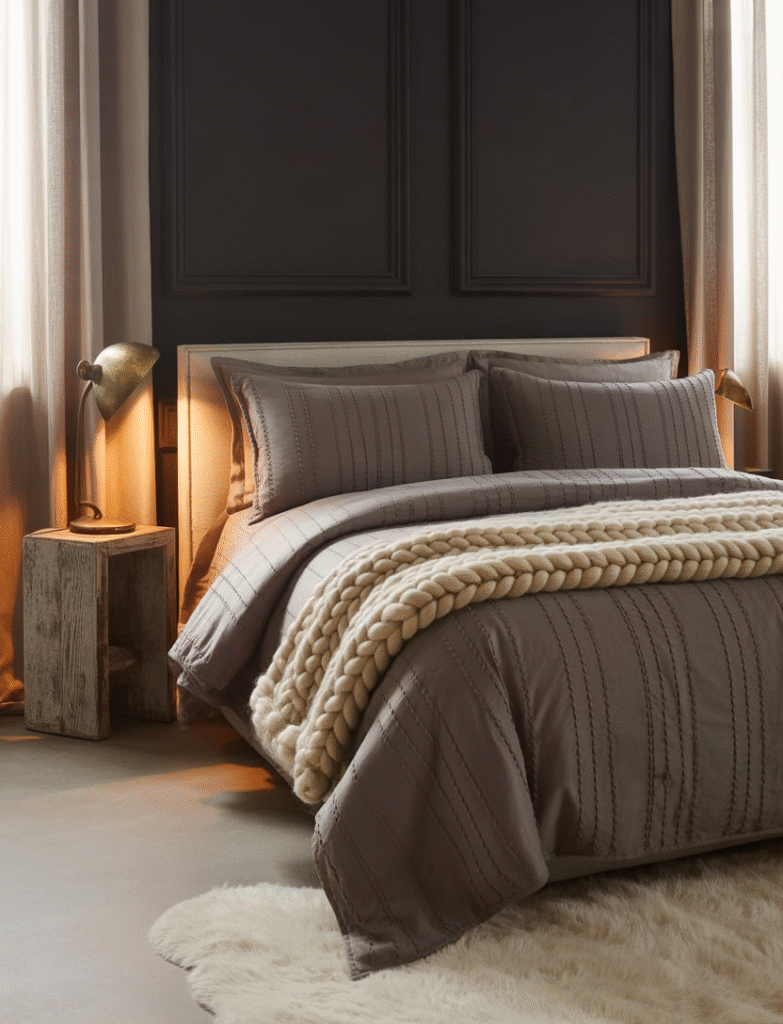 Bedroom with onyx black walls, softened by layered textures like chunky knit throws, plush bedding, and warm wood furniture for a dramatic yet cozy atmosphere.