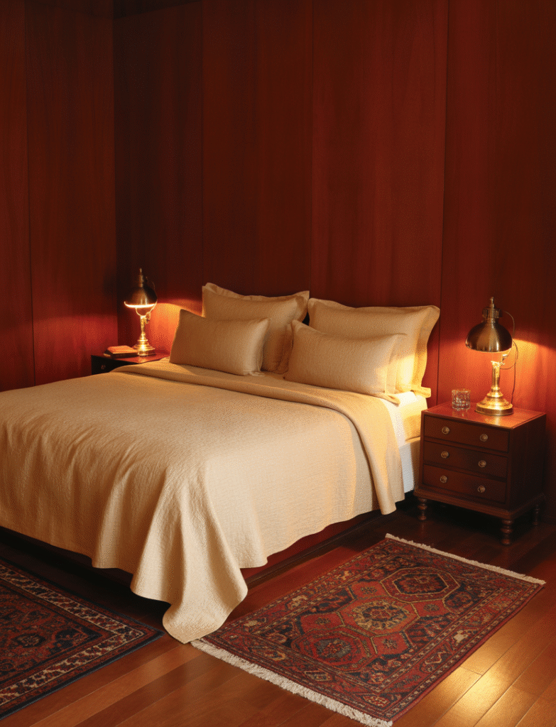 Bedroom with deep reddish-brown mahogany walls, dark wood nightstands, vintage rugs, and warm brass fixtures, evoking a classic, cozy feel.