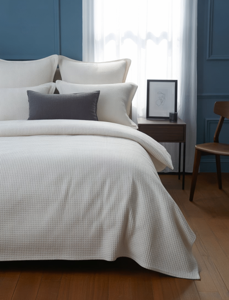 Bedroom with deep inky blue walls, paired with crisp white bedding, natural wood accents, and simple black picture frames, creating modern sophistication.