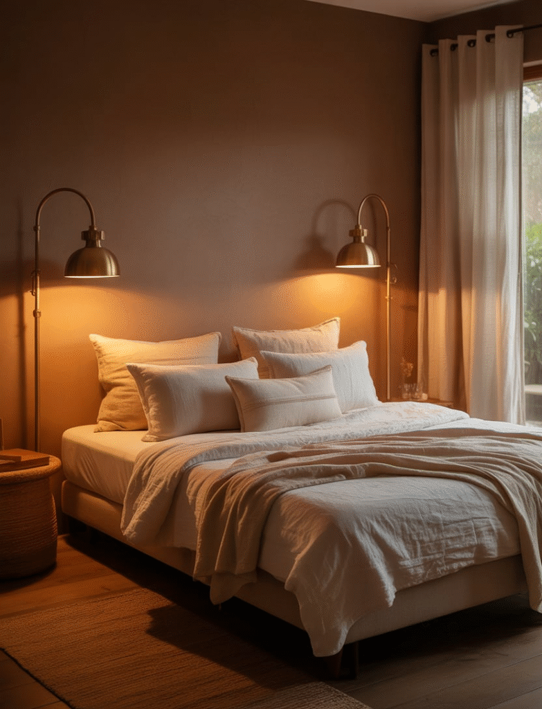 Bedroom with earthy burnt sienna walls, natural fiber rugs, and white bedding for a warm, cocoon-like feel.