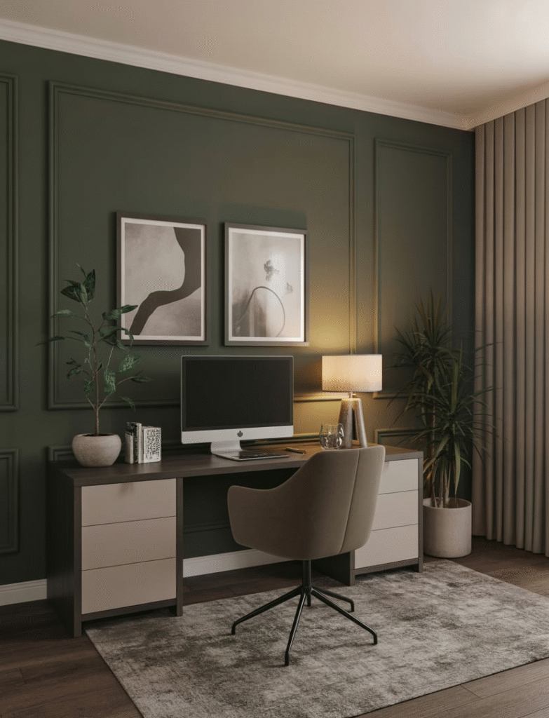 Chic green home office idea with a deep forest green accent wall, white desk, neutral furniture, framed wall art, and modern lighting for a dramatic look.