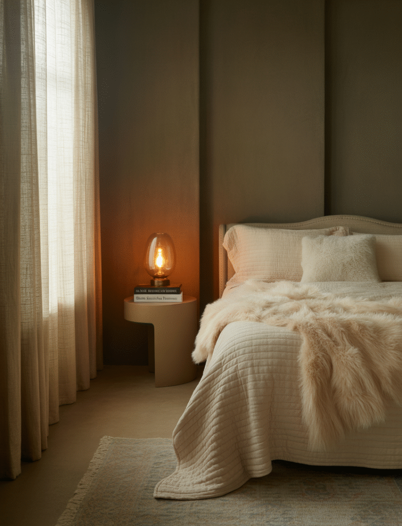 Bedroom with dusty charcoal walls, plush throws, soft rug offering depth and warmth without overwhelming the space.