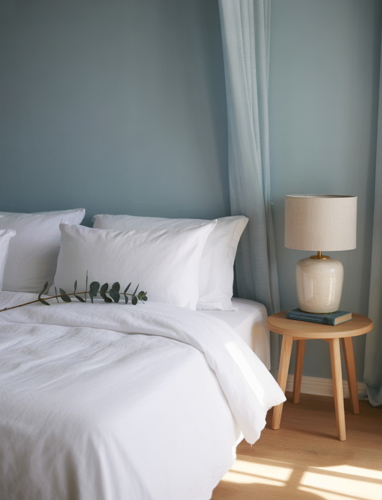 Bedroom with soft slate blue walls, natural wood furnishings, soft gray accents, and linen textiles, evoking a Scandinavian-inspired retreat with a calming vibe.
