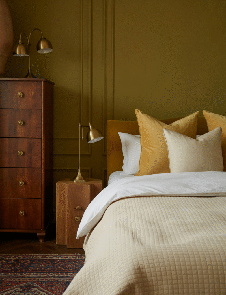 Bedroom with warm olive green walls, rustic wood furniture, antique rugs, and brass light fixtures, combining earthy charm with old-world sophistication.