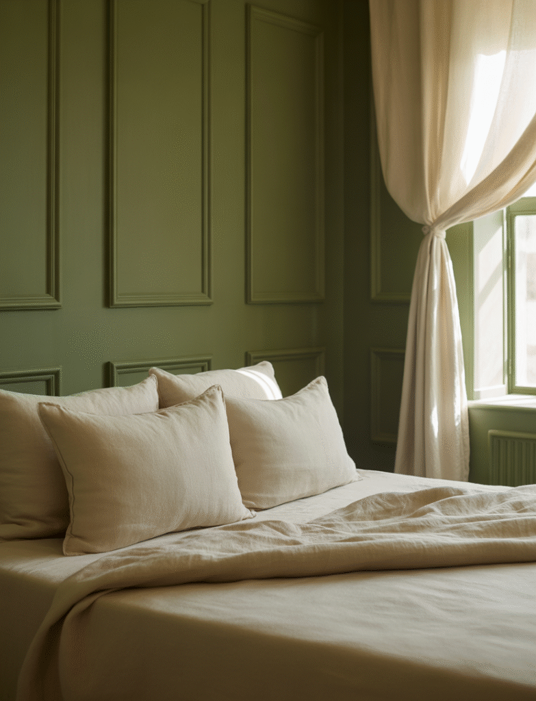 Bedroom with earthy forest green walls, tan leather pillows, woven baskets, and linen drapes, creating a grounded, natural, and sophisticated atmosphere.