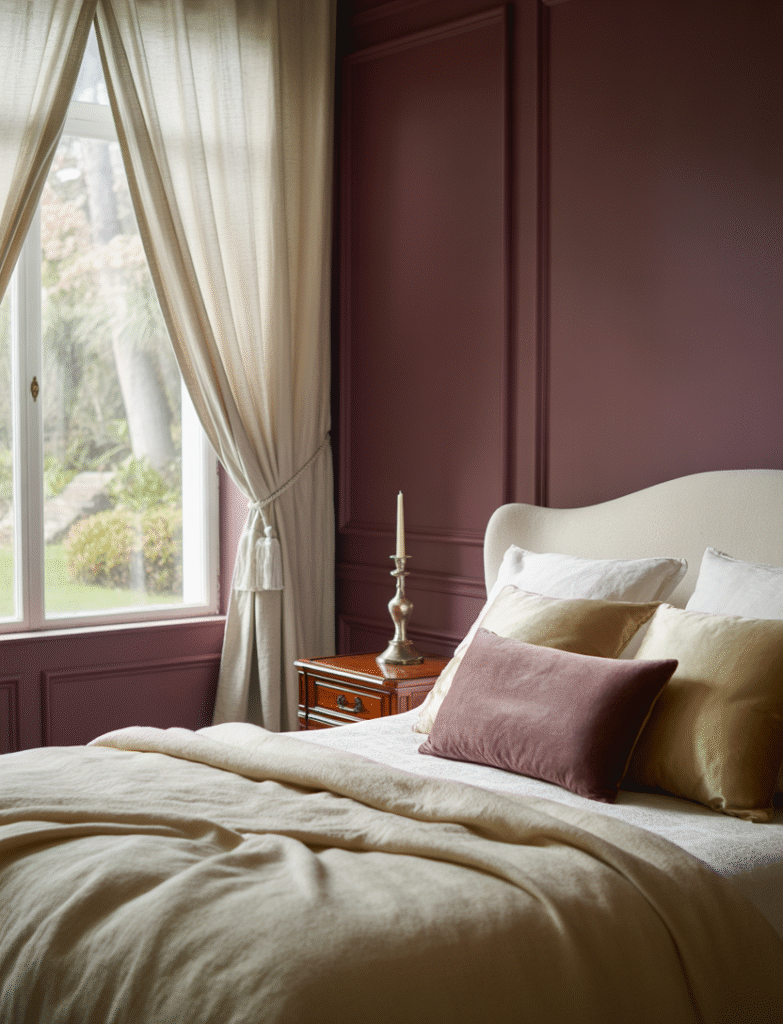 Bedroom with rich eggplant purple walls, white bedding layered with velvet pillows creating a regal and glamorous atmosphere.