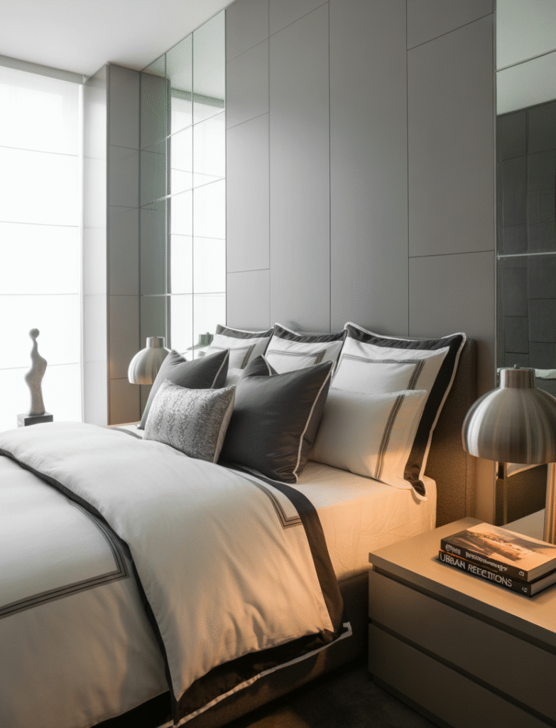 Bedroom with sleek graphite gray walls, mirrored accents, metallic decor, and high-gloss trim, providing a polished, urban contemporary look.