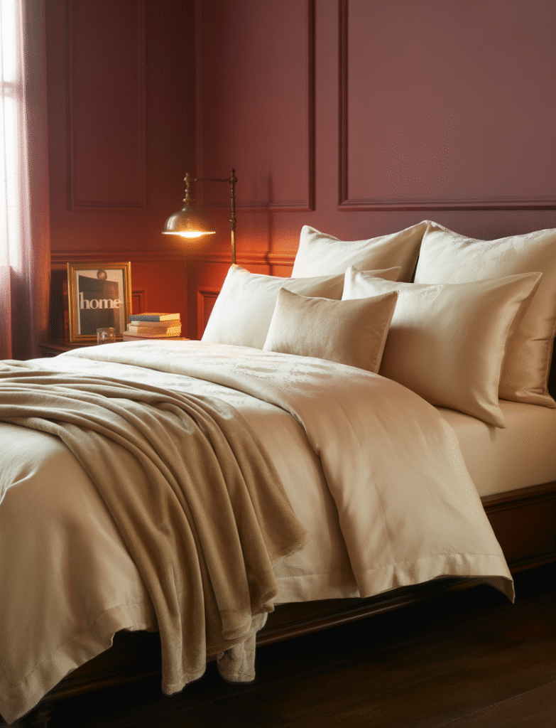 Bedroom with rich burgundy walls, antique-style furniture, and layered silk and velvets, creating a romantic, luxurious retreat.