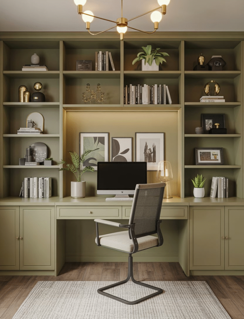 Home office with olive green built-in shelves, decorated with books, plants, and gold accents, providing a warm and elegant ambiance.