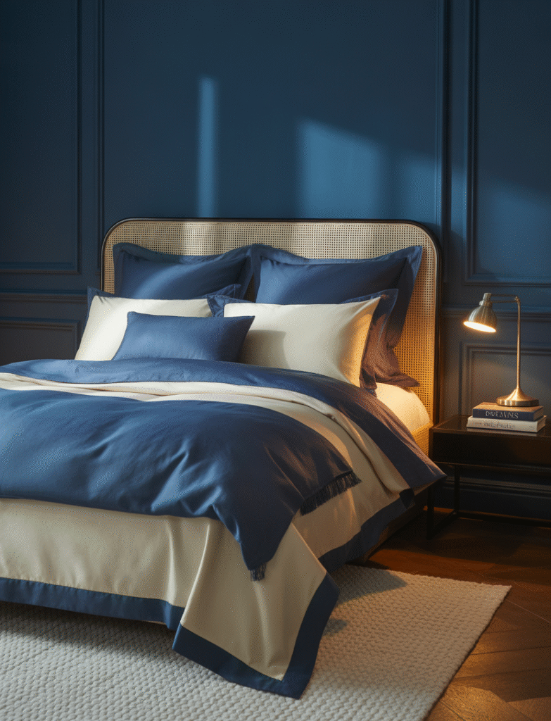 Bedroom with deep indigo walls, layered navy and cream bedding, and textured rugs, creating a rich, calming sanctuary.