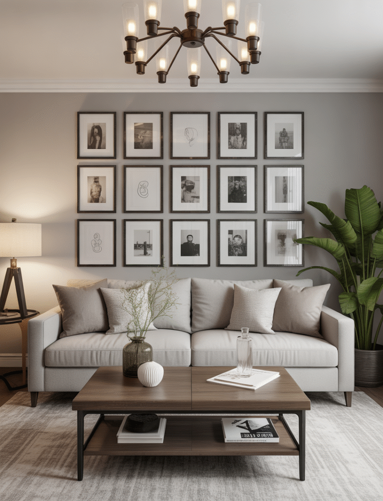As a part of a living room gallery wall ideas this picture shows a living room with a symmetrical grid layout of matching frames displaying black-and-white photos or simple line art, creating a clean, polished, and timeless look.