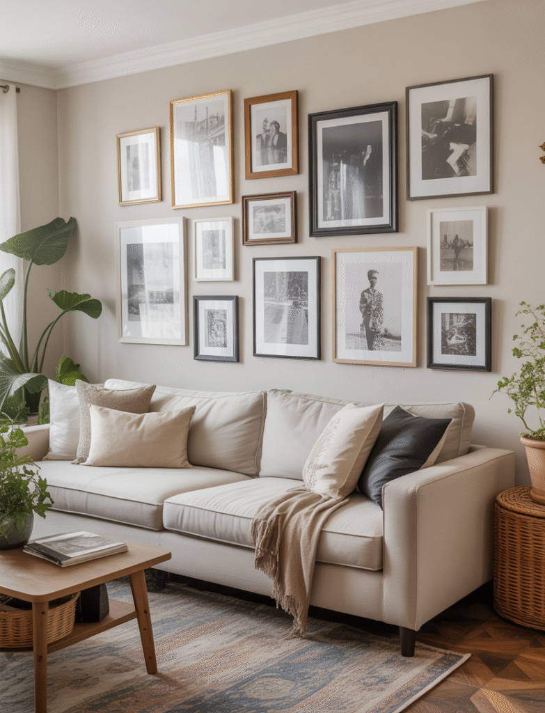 A living room featuring an organic cluster of frames in varying sizes, combining vintage finds and modern prints to create an effortlessly curated and eclectic gallery wall.