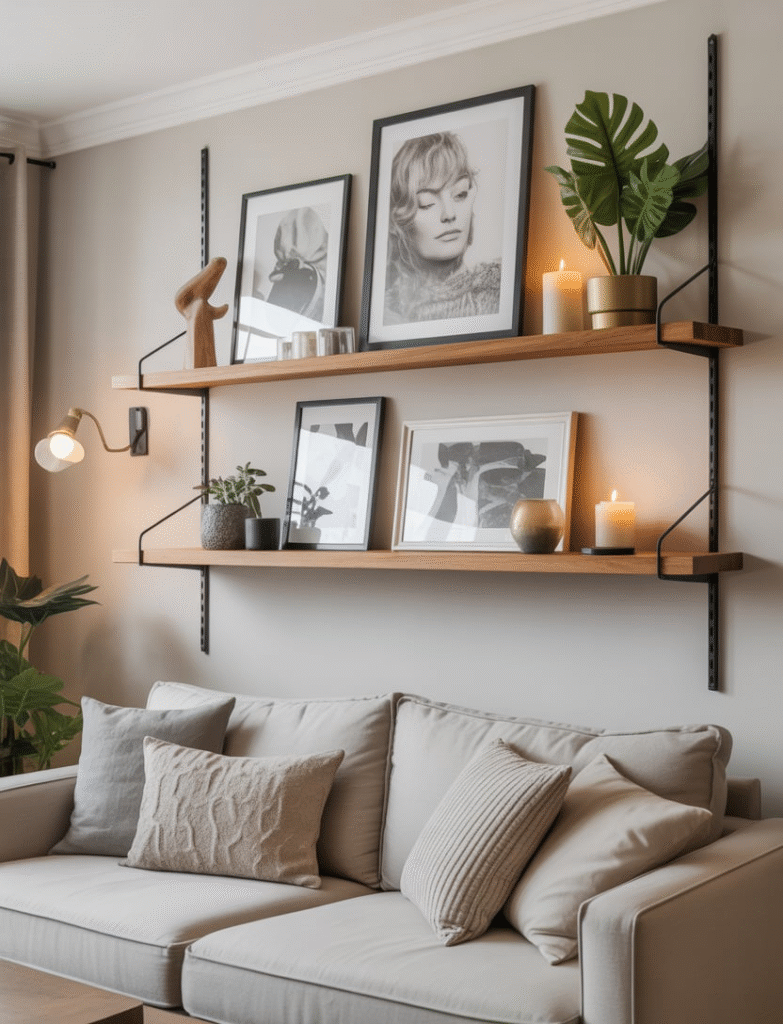 A living room with floating shelves that display framed art pieces along with decorative objects such as plants, candles, and small sculptures, creating a relaxed and layered aesthetic.
