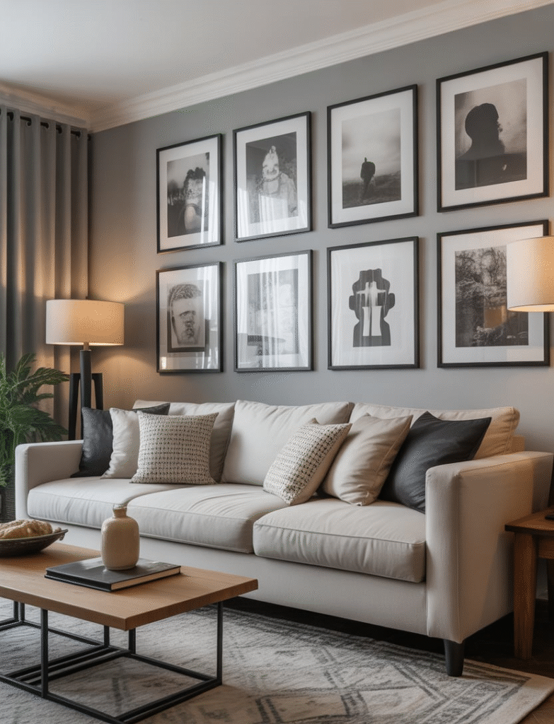 A living room with a gallery wall of different art styles and subjects framed in all black frames, creating visual harmony and a cohesive, elegant feel.