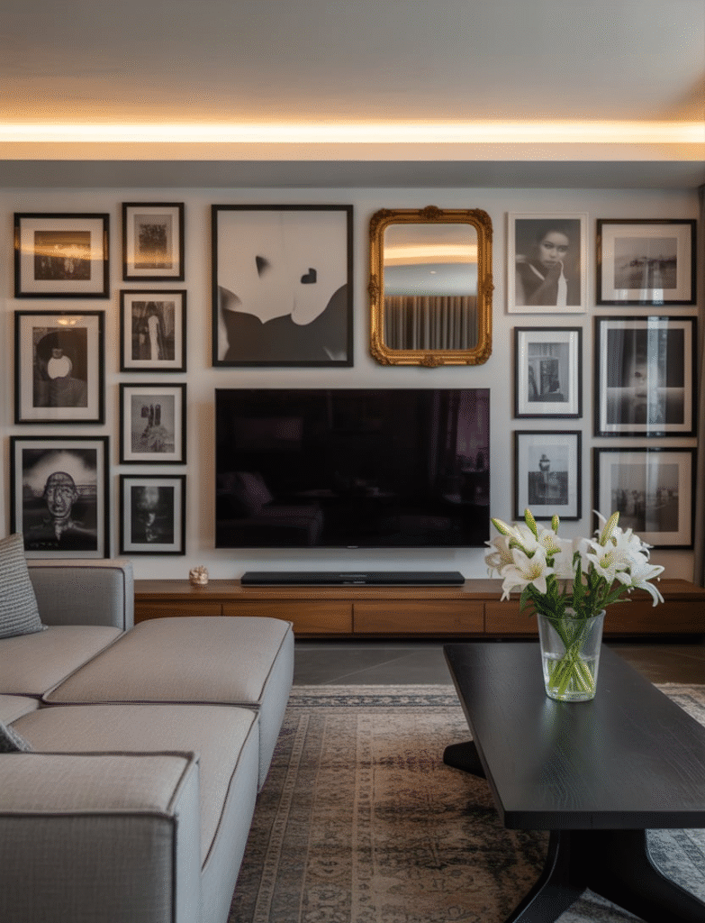 A living room with a gallery wall surrounding a TV, using a mix of prints, photos, and mirrors to soften the hard edges of the television and create a seamless media wall.