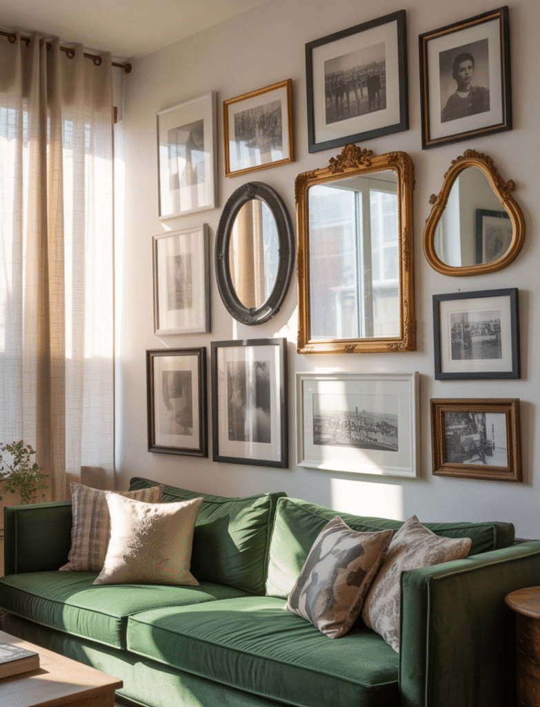 A living room gallery wall that includes art pieces mixed with vintage or uniquely shaped mirrors, reflecting light and making the space feel larger and more open.