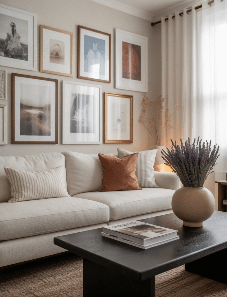 A living room with a gallery wall designed around a specific color palette, such as blues, earthy neutrals, or pops of vibrant red, creating cohesion and a thoughtful design.