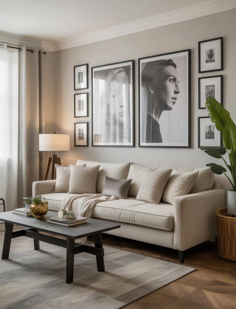 A living room featuring one or two oversized statement art pieces placed at eye level, with smaller frames filling in around them to create balance and visual interest.