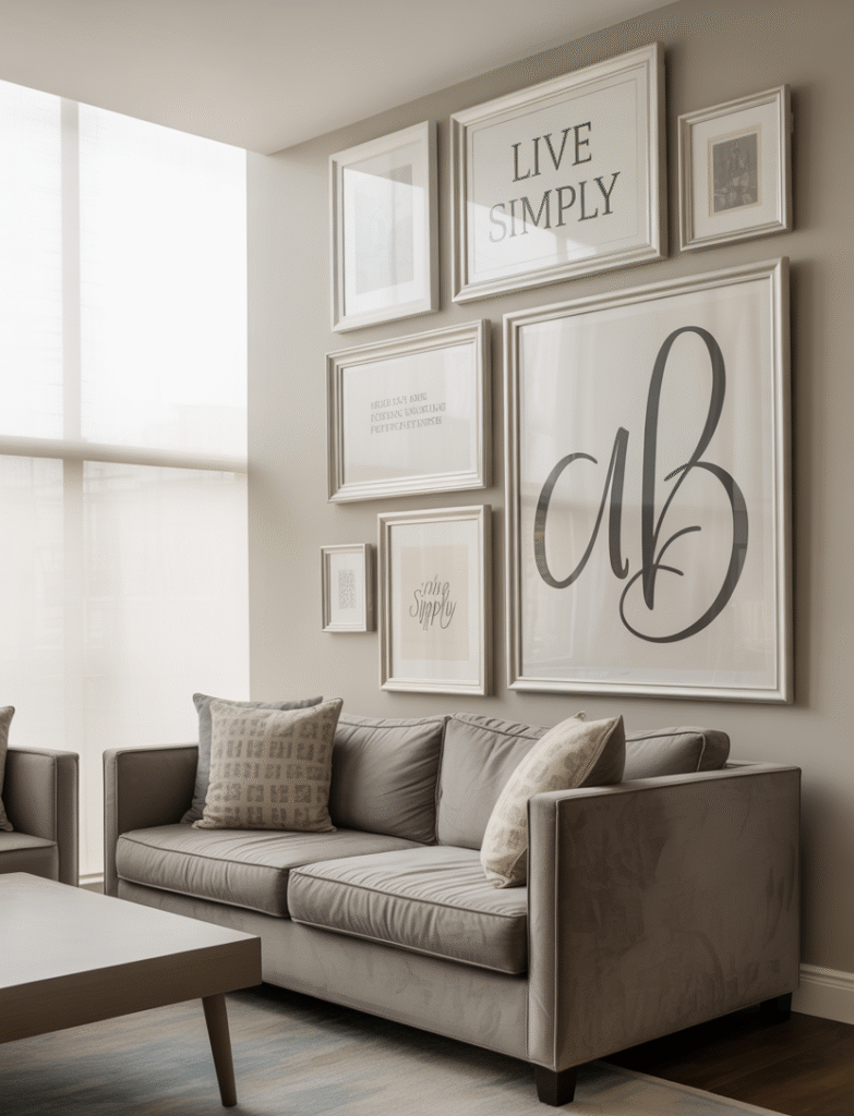 A living room with a gallery wall that includes framed typography art, such as quotes, song lyrics, or monograms, with fonts and colors that tie into the room’s decor for a cohesive look.