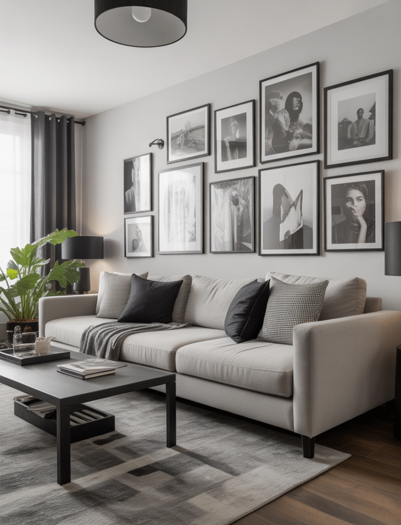 A living room with a modern, monochrome gallery wall featuring art, frames, and photos in shades of black, white, and gray, creating a sleek, minimalist vibe.