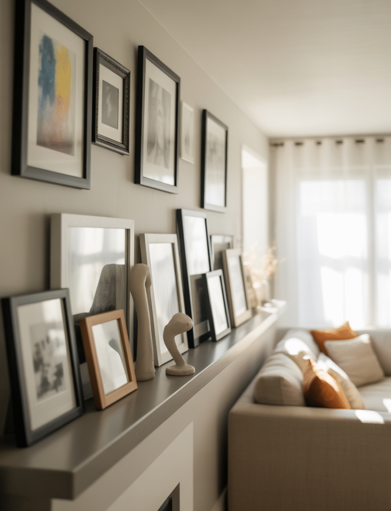 A living room with a picture ledge or narrow shelf that displays art pieces of varying heights and styles, offering a flexible and casual elegance to the gallery wall.