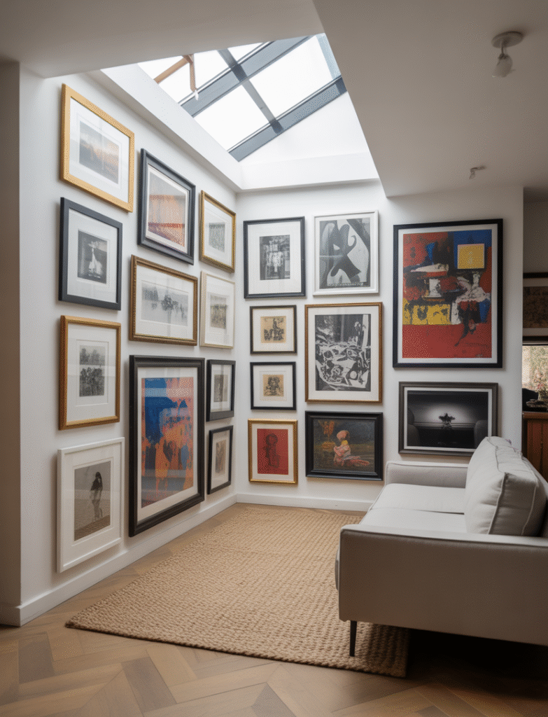 A living room with a gallery wall wrapping around a corner, creating a unique, dynamic effect that works well in open floor plans and adds visual interest to the space.