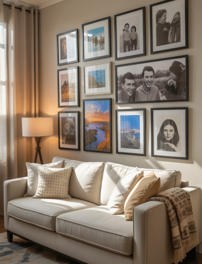 A living room with a gallery wall wrapping around a corner, creating a unique, dynamic effect that works well in open floor plans and adds visual interest to the space.