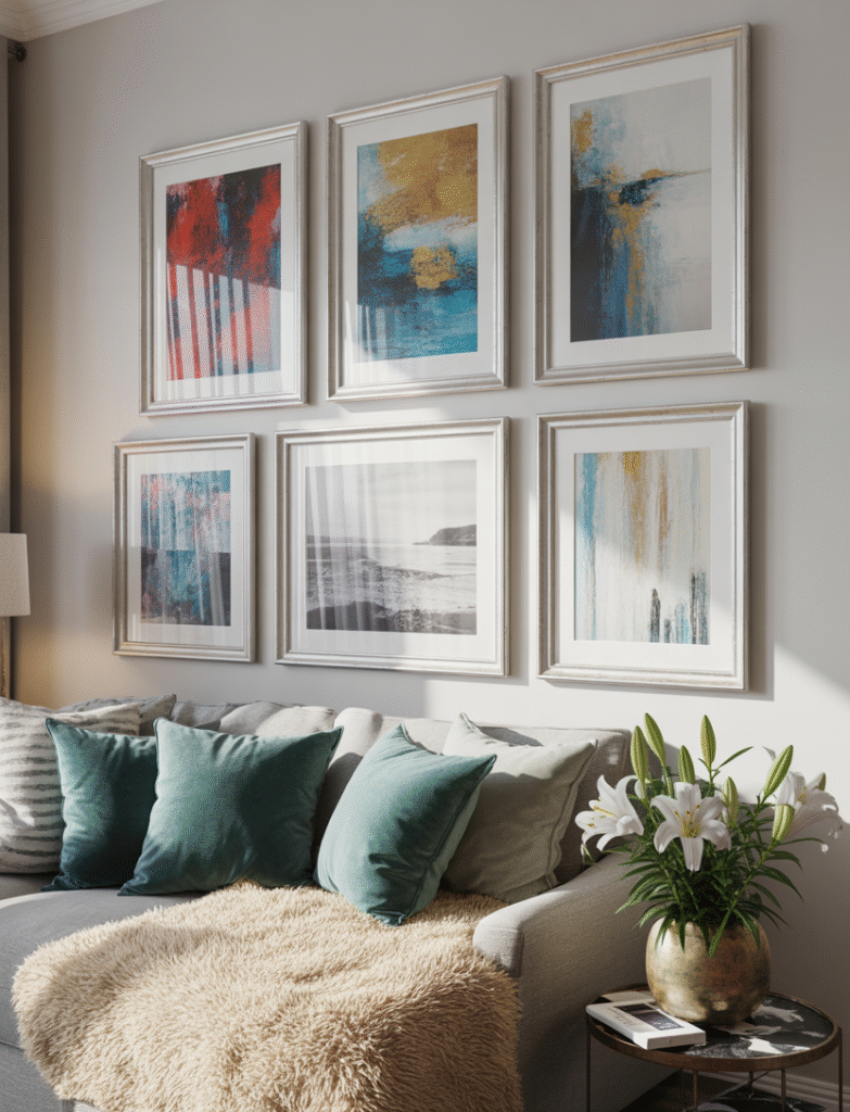 A living room with a neutral-toned gallery wall featuring bright and colorful art pieces that inject energy and vibrancy into the space, tying into other decor elements.