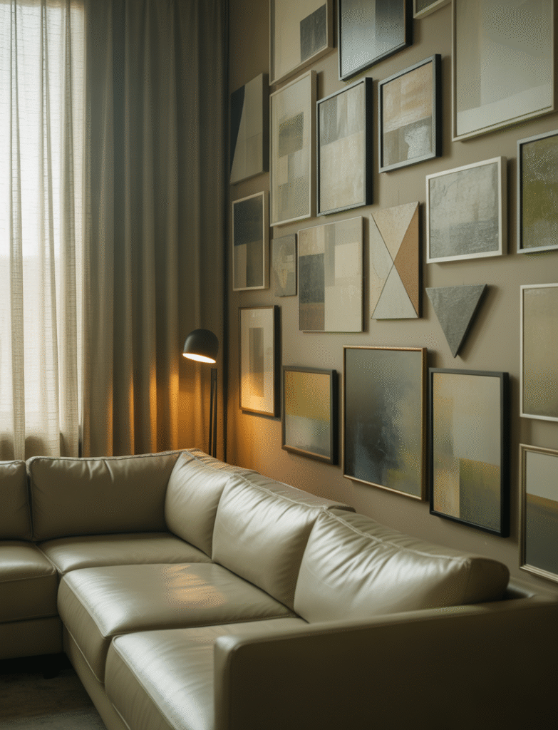 A living room with a gallery wall arranged in geometric shapes like triangles, hexagons, or diamonds, offering a modern, structured look that adds visual interest while maintaining balance.