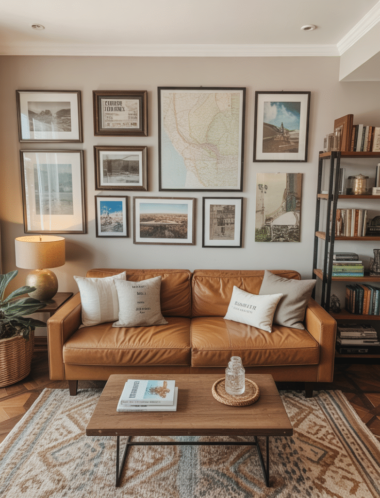A living room gallery wall that includes maps, tickets, and art from travels, paired with travel books or souvenirs on nearby shelves, creating a wall full of stories and adventures.