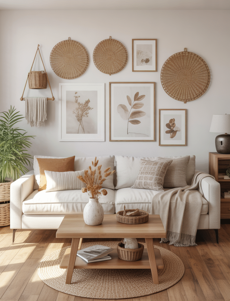 A living room gallery wall that includes natural elements like woven baskets, dried botanicals, or small planters, bringing organic warmth and texture to the space.
