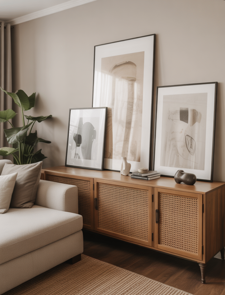 A relaxed living room with large art pieces leaning against the wall on the floor or console table, creating an easy-to-update, casual gallery wall design.