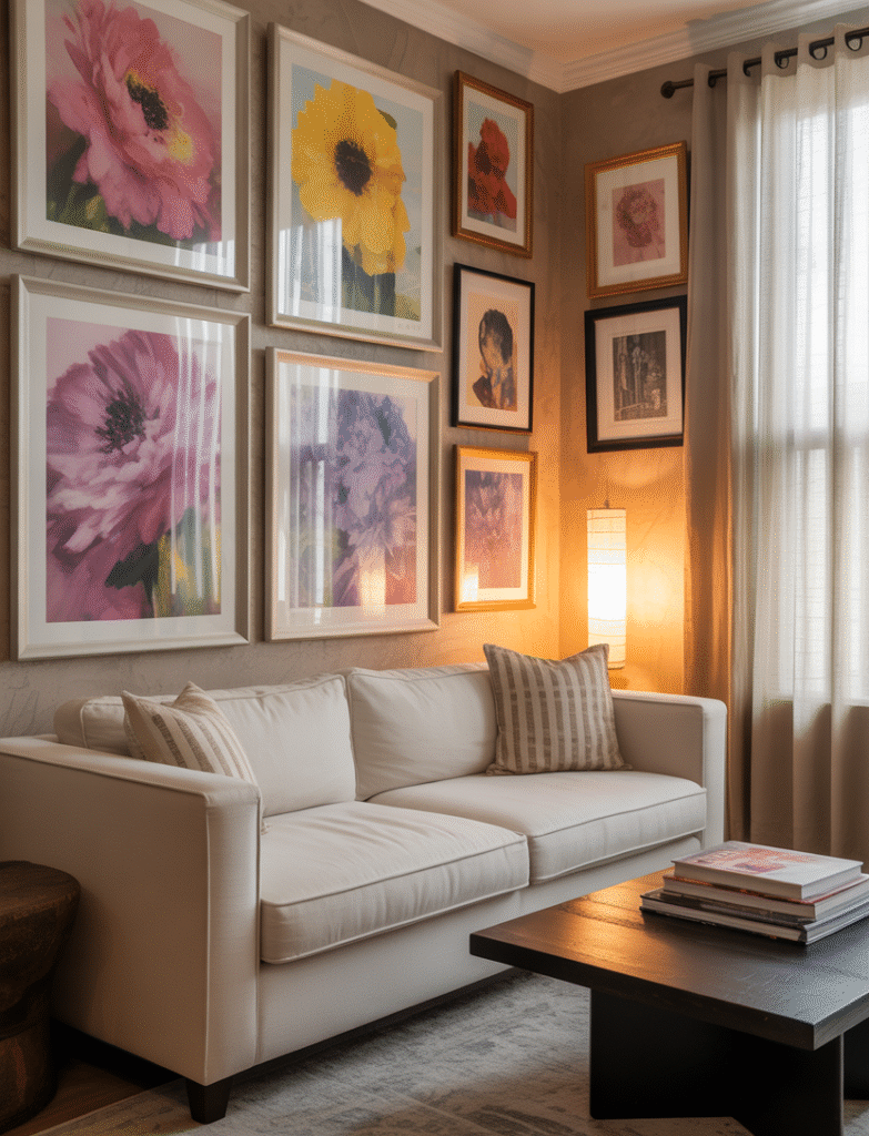A living room gallery wall that is updated seasonally with new art pieces, such as bright florals in spring and warm abstracts in fall, offering a fresh and dynamic display throughout the year.