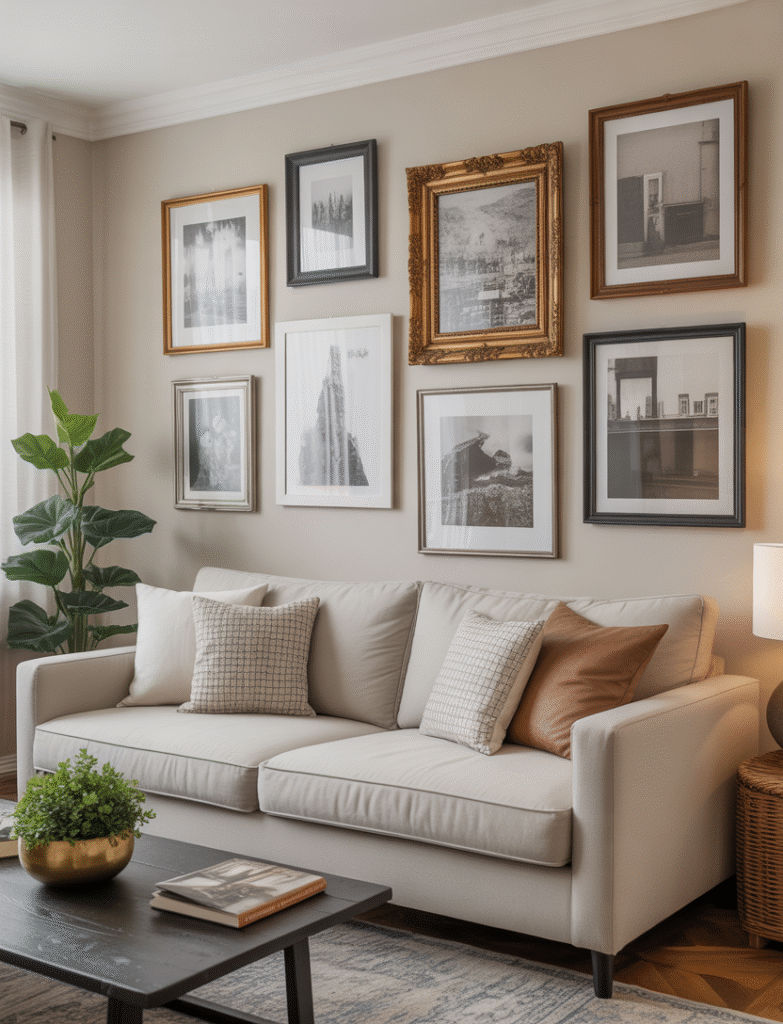 A living room with a gallery wall composed of frames in different finishes, such as wood, metal, and painted frames, creating an eclectic yet intentional layered feel.