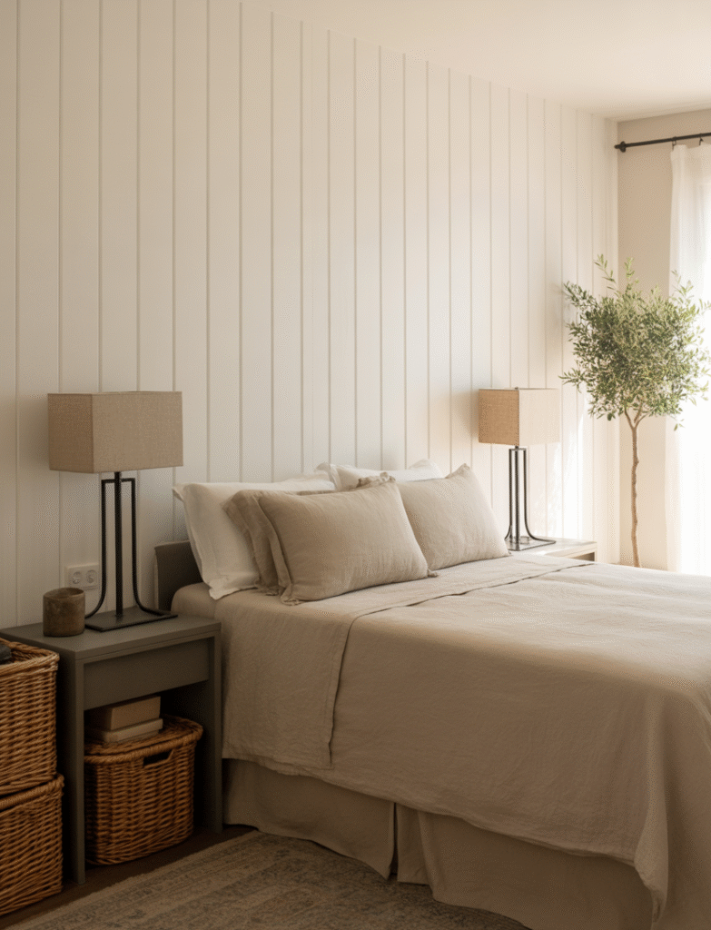 As a part of a bedroom board and batten ideas this picture shows a bedroom with a white board and batten accent wall, paired with neutral bedding, black metal lamps, and woven baskets, creating a timeless farmhouse-inspired feel.