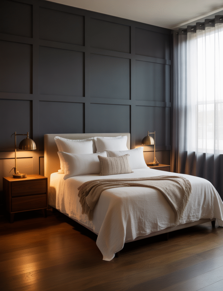 Bedroom with bold charcoal board and batten behind the bed, layered with plush white bedding, wood nightstands, and warm brass lighting for a cozy, dramatic backdrop.