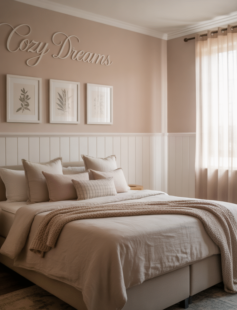 Bedroom featuring board and batten halfway up the wall, with soft pastel paint above and framed art for visual interest, creating a cozy and layered effect.