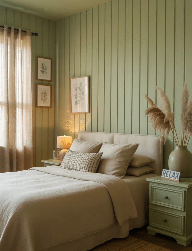 Bedroom with vertical sage green board and batten panels, complemented by linen curtains, botanical prints, and earthy accents, creating a calming retreat.